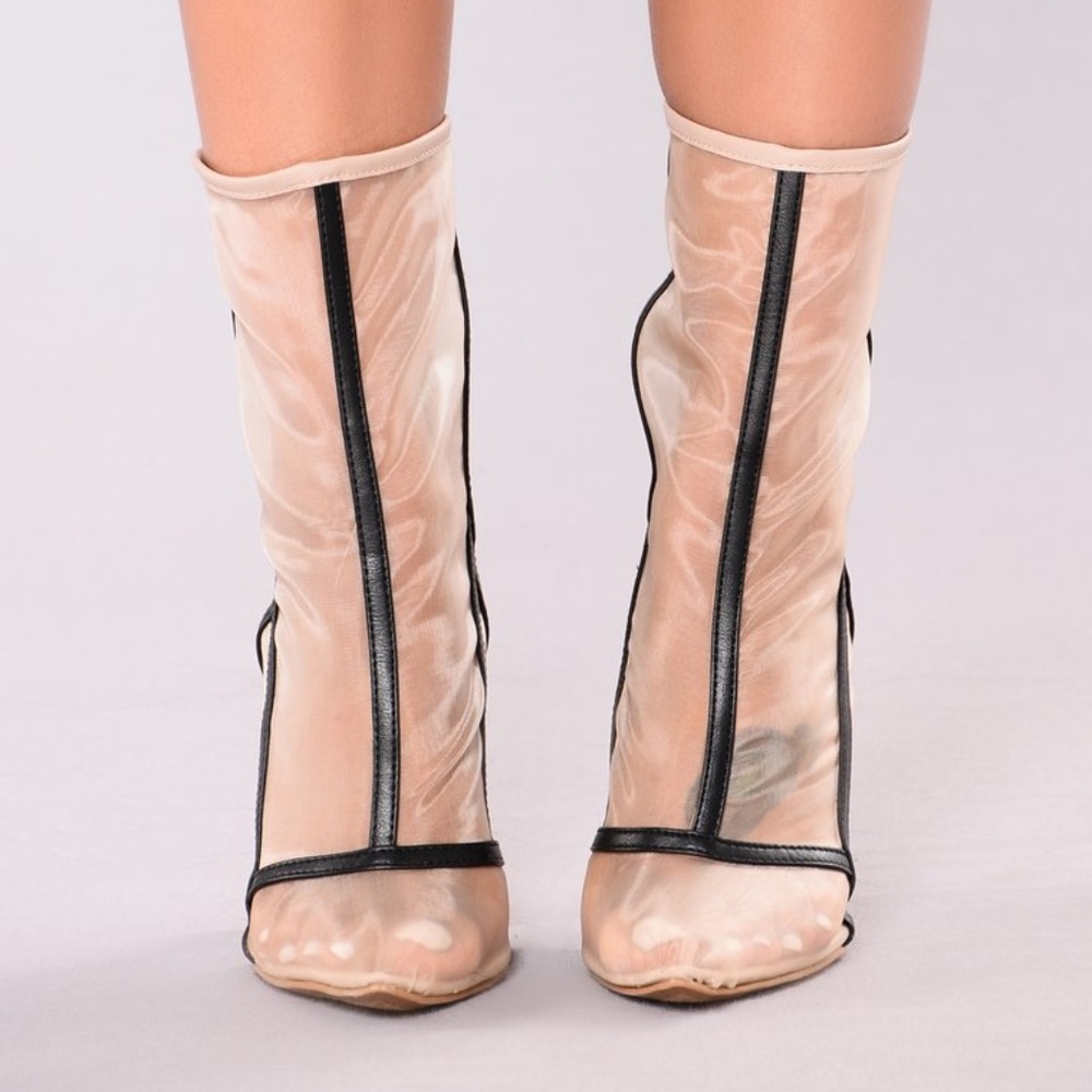 Nude and black mesh booties